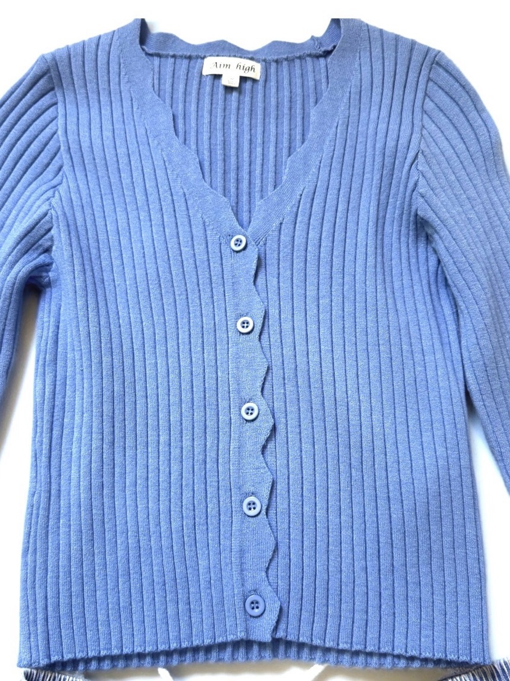 Ribbed Scallop-Edge Cardigan Sweater - Blue